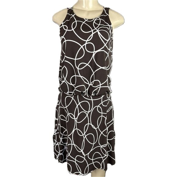 London Times 6 Brown/White Swirl Drop Elastic Waist Above Knee Sleeveless Dress - Picture 2 of 6